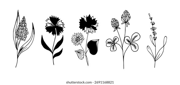 Flores de contorno en Vector de estilo doodle
