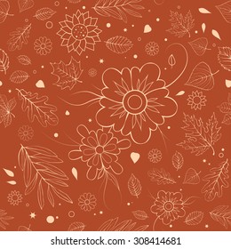 Outline flowers and leaves background. Autumn floral seamless pattern.