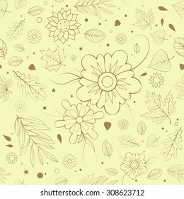Outline flowers and leaves background. Autumn floral seamless pattern.