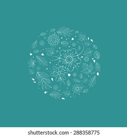 Outline flowers and leaves design template. Spring floral design template.