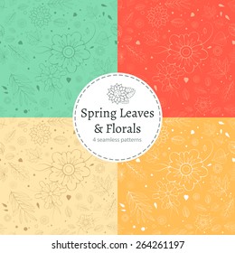 Outline flowers and leaves. Spring floral backgrounds. Set of  seamless patterns.
