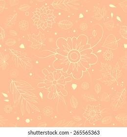 Outline flowers and leaves. Spring floral background. Seamless pattern
