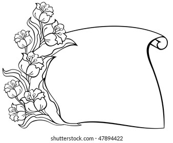 Outline flowers with paper scroll. Copy space available