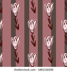 Umrissblumen nahtloses Doodle-Muster in einfachem Stil. Gestreifter Hintergrund in rosafarbenen Farben. Grafisches Design für die Verpackung von Papier und Texturen aus Stoff. Vektorgrafik.