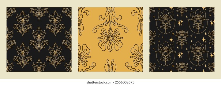 Outline of flowers, Seamless pattern. Abstract floral pattern. Mysterious elegant print template. Hand drawn print. Vector vintage illustration.