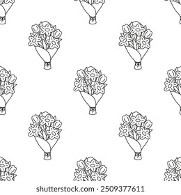 contorno flores padrão sem costura sobre fundo branco, bouquet preto e branco