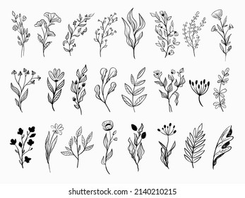 Rahmenblumen, Vektorset.  Schwarze Silhouetten von Pflanzen.  Trendy einfaches, florales Tattoo-Design. Sketch Sommer und Frühlingskräuter. Schwarze, handgezeichnete Doodle-Blumen. Garden Line Art Bouquet. 