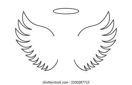 Outline flying angel wings and halo ring isolated on white background. Heavenly or saint concept simple design. Vector graphic illustration.