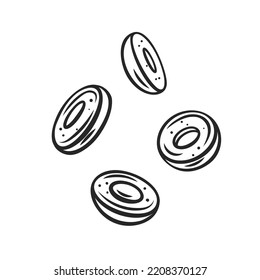 Outline flying cut black olives vector illustration.