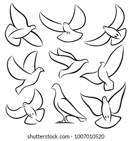 Outline flying doves, white birds and pigeons vector logos. Holy spirit, easter, love and peace design elements. Dove sketch, bird pigeon freedom and love illustration