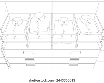 Outline of folded shirts lying on a display window made of black lines isolated on a white background. Wardrobe with clothes. Vector illustration. 3D.