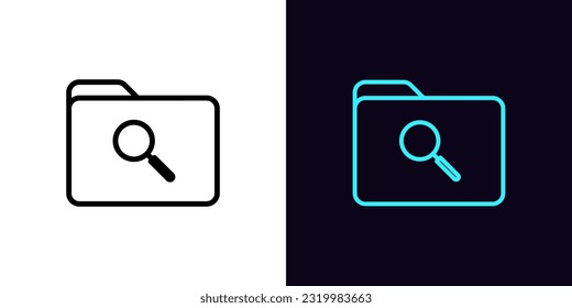 Outline folder search icon, with editable stroke. File folder with magnifier tool, document search in data directory. Folder check, file storage analysis, find data and information review. Vector icon