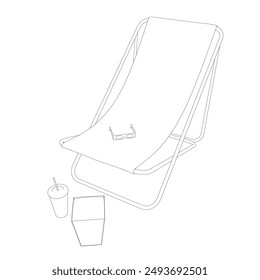 Outline of a folding beach chair with a package of popcorn, a glass of soda and cinema glasses. Vector illustration.