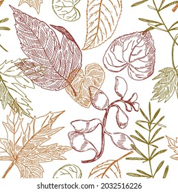 Outline foliage seamless pattern. Hand drawn vector illustration. Colored ornament with ink sketches of leaves. Botanical vintage design for fabric, textile, wallpaper, background, print, decor, wrap.