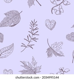 Outline foliage seamless pattern. Hand drawn vector illustration. Colored ornament with ink sketches of leaves. Botanical vintage design for fabric, textile, wallpaper, background, print, decor, wrap.