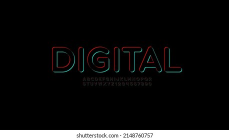 Outline font, digital alphabet, uppercase letters and numbers