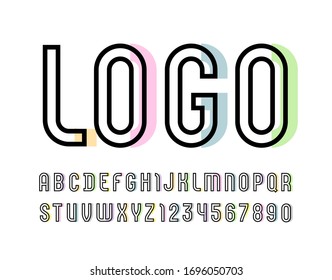 Outline font, urban modern trendy alphabet, stylish letters and numbers made of black outline and fragments pastel colors, vector illustration 10EPS