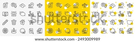 Outline Food app, Charging station and 360 degrees line icons pack for web with Pencil, Chat message, Cloud sync line icon. Augmented reality, Trash bin, User notification pictogram icon. Vector