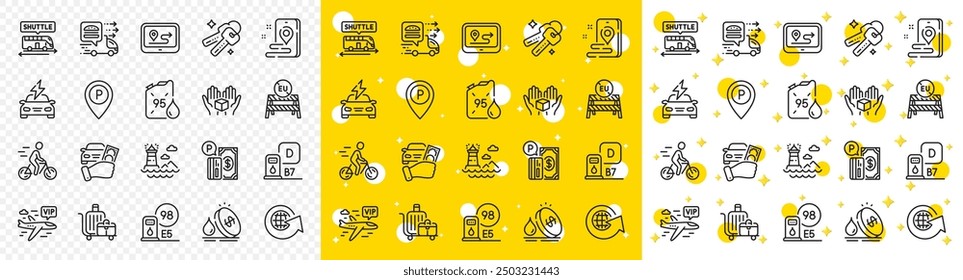 Outline Food delivery, Rent car and Keys line icons pack for web with Lighthouse, Baggage cart, Petrol station line icon. Vip flight, Parking payment, Parking pictogram icon. Gps. Vector