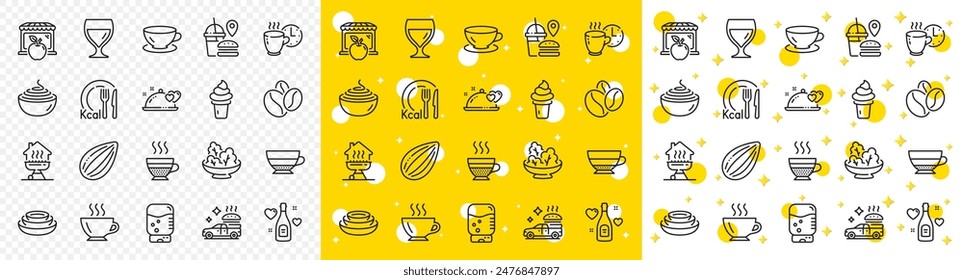 Outline Food Lieferung, Weinglas und Market Line Icons Pack für das Web mit Cafe Creme, Romantisches Abendessen, Love Champagne Line Ikone. Kalorien, Espresso, Wasserkühler Piktogramm-Symbol. Vektorgrafik