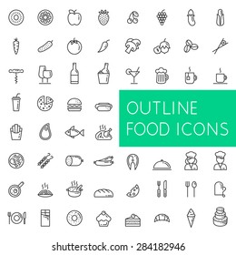 Outline food icons set for web and applications.
Line icons of food, fruits and vegetables, drinks and fast food, meat and fish, confectionery and bakery, etc.