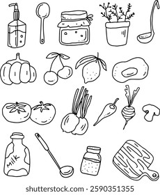 outline Food items, kitchen equipment, condiments.