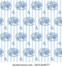Outline Food Seamless Pattern Background.  Sketch Vintage Wrapping Paper Print. Doodle Line Mediterranean Seafood Amalfi Style Stroke Symbol Textile Swatch. Striped Minimalist Hand Drawn Surface Art