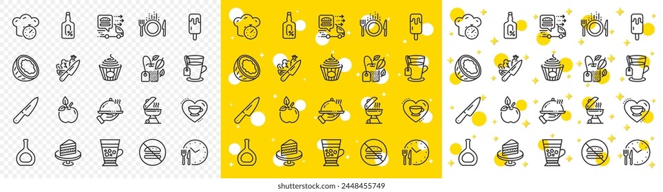 Tiempo de la comida, Cuchillo y Grill línea iconos paquete para el Web con helado, entrega de alimentos, icono de línea de té. Coco, Pasta, Icono de pictograma de verduras. Me encanta el café, sin alcohol, pastel. Vector