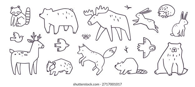 Conjunto de animales de bosque de contorno. Colección de Vector de animales salvajes. Paquete de animales de línea.