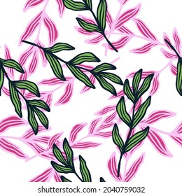 Outline forest branch with leaves seamless pattern . Abstract foliage backdrop. Nature wallpaper. For fabric design, textile print, wrapping, cover. Vector illustration.