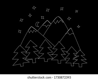 Outline of forest and mountains on black background. Night sky with stars and moon. Vector illustration.