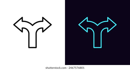 Outline fork arrow icon, with editable stroke. Split arrow sign. Two way pointer, double road, forked arrow, split traffic direction, double pathway, two direction to move, crossroad. Vector icon