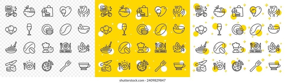 Outline Fork, Dry cappuccino and Coffee beans line icons pack for web with Coffee, Pasta dish, Potato chips line icon. Food delivery, Soy nut, Pizza pictogram icon. Wineglass, Ice creams. Vector