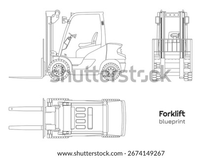 Outline forklift drawing. Isolated linear cargo loader. Side, front and top view of industrial machine. Contour blueprint of warehouse transport. Logistic vehicle. Vector illustration