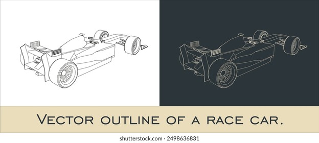 Outline of a Formula 1 race car from rear corner angles. Vector blueprint isolated on a transparent background