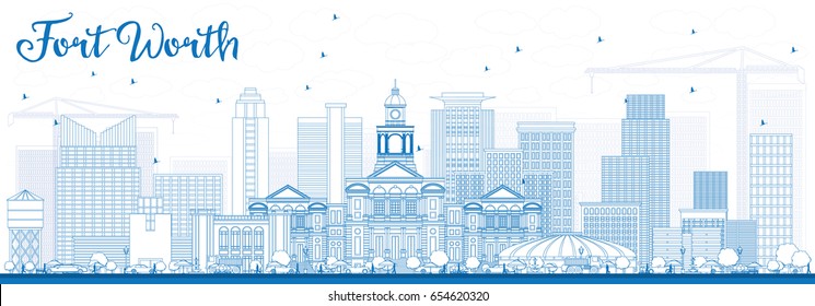 Outline Fort Worth Skyline with Blue Buildings. Vector Illustration. Business Travel and Tourism Concept with Modern Architecture. Image for Presentation Banner Placard and Web Site.