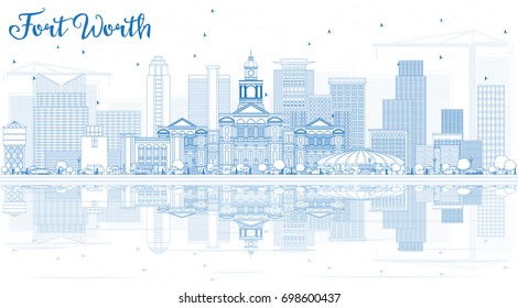 Outline Fort Worth Skyline com edifícios azuis e reflexões. Ilustração de vetor. Business Travel and Tourism Concept com arquitetura moderna.