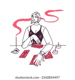 Outline fortune teller with candles makes tarot reading. Fortuneteller does divination of destiny with magic card deck. Woman does future telling. Flat isolated hand drawn vector illustration on white