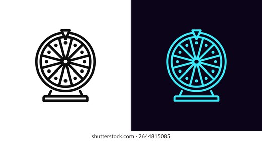 Outline fortune wheel icon, with editable stroke. Lucky spin icon, roulette game. Lucky wheel, lottery game, casino roulette spin, fortune chance bet, win prize reward, free spin bonus. Vector icon