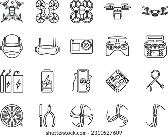 outline fpv drone icons, black and white stylized quadcopter technology symbols