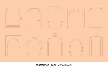 Outline frame logo set, line arch set. Bohemian linear shapes, stars and sun in badge, abstract elements. Boho architecture elements. Geometric shapes. Vector design recent graphic template