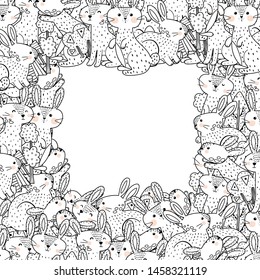 Outline frame template with funny rabbits. Coloring page style. Vector illustration
