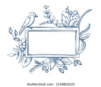 Outline frame of vegetation with berries and a bird