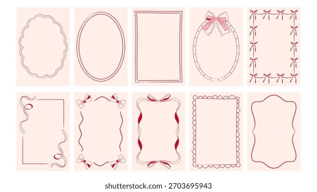 Marcos de contorno en estilo coqueta, contornos de lazo y cinta, bordes de doodle para diseños de invitación y postal