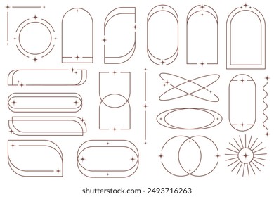 Marcos con estrellas. Elementos de borde estéticos. Formas de arco gráfico mínimo. Y2k moderno simple abstracto figuras con destellos. Conjunto de pegatinas geométricas de moda. Colección lineal cósmica.