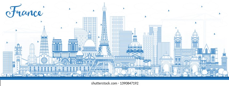 Outline France City Skyline with Blue Buildings. Vector Illustration. Tourism Concept with Historic Architecture. France Cityscape with Landmarks. Toulouse. Paris. Lyon. Marseille.