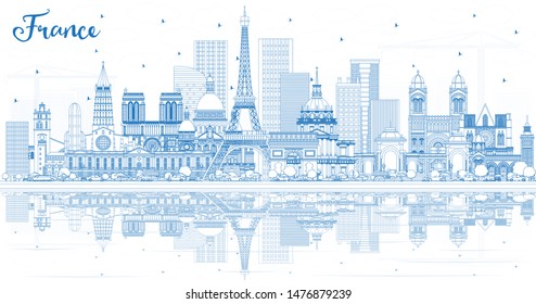 Outline France City Skyline with Blue Buildings and Reflections. Vector Illustration. Tourism Concept with Historic Architecture. France Cityscape with Landmarks. Toulouse. Paris. Lyon. Marseille.