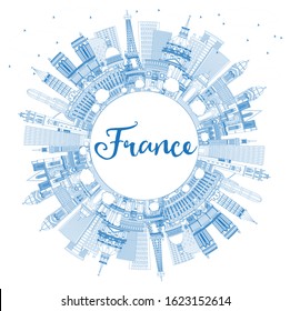 Outline France City Skyline with Blue Buildings and Copy Space. Vector Illustration. Tourism Concept with Historic Architecture. France Cityscape with Landmarks. Toulouse. Paris. Lyon. Marseille.