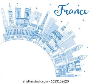 Outline France City Skyline with Blue Buildings and Copy Space. Vector Illustration. Tourism Concept with Historic Architecture. France Cityscape with Landmarks. Toulouse. Paris. Lyon. Marseille.