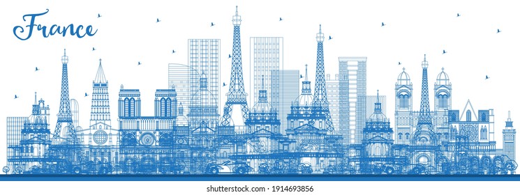 Outline France City Skyline with Blue Buildings. Vector Illustration. Tourism Concept with Historic Architecture. France Cityscape with Landmarks. Toulouse. Paris. Lyon. Marseille.